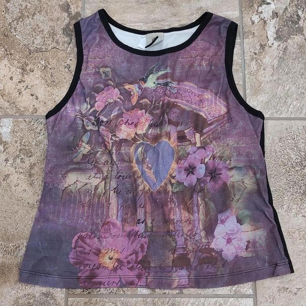 2000s Amala Hummingbird deer stone building Purple Heart vine graphic tank top